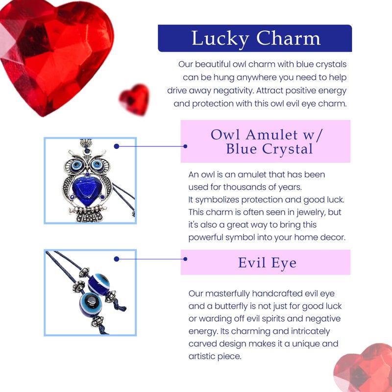 LUCKBOOSTIUM Owl Evil Eye Protection Amulet - Evil Eye Keychain with Blue Crystal Beads, Sign of Good Fortune & Blessing - Car Rear View Mirror Accessories, Home and Office Decor, Bag & Purse Charm - Image 3